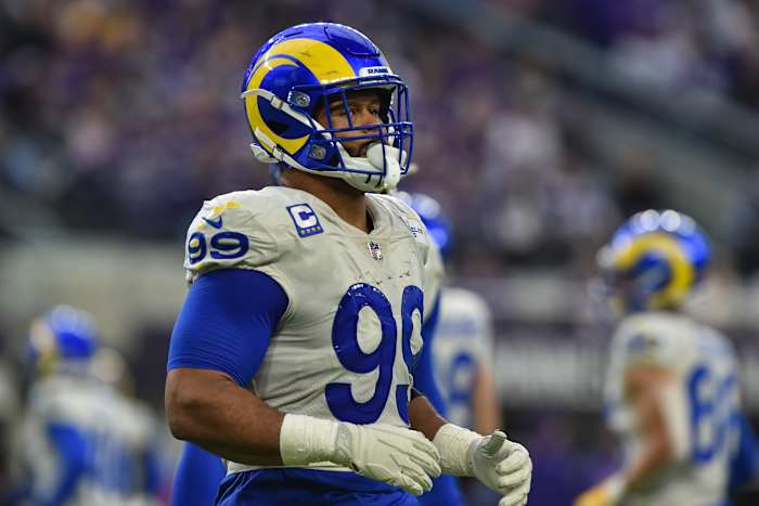 Aaron Donald and the Los Angeles rams will wear their "bone" jerseys this week. 