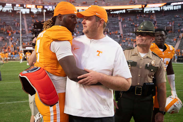 Tennessee Volunteers QB Joe Milton with HC Josh Heupel after a win over UTSA. (Photo by Saul Young of the News Sentinel)