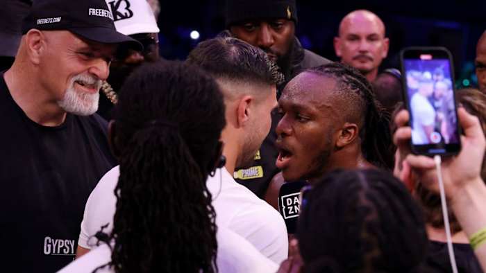 KSI and Tommy Fury confront each other in the ring after KSI (JJ Olajide Olatunji) (R) knocks out Joe Fournier during their X Series 007 MF Cruiserweight Championship bout at Wembley Arena on May 13, 2023 in London, England. Paul Harding/Getty Images