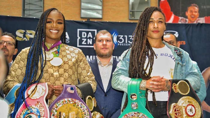 Claressa Shields and Hanna Gabriels press conference  Shields and Gabriels set to do battle again, 5 years later.  in Detroit, Michigan on May 19, 2023, (Dennis Mosley /Salita Promotions ) Shields and Gabriels set to do battle again, 5 years later.  © Z News Inc.
