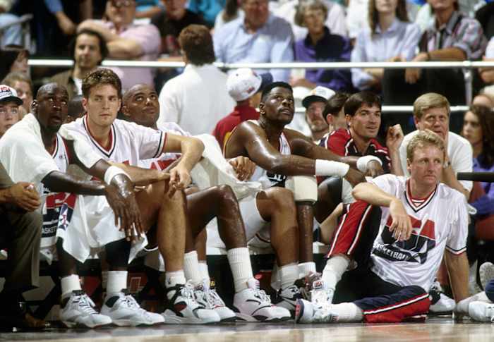 USA dream team guard Michael Jordan - Christian Laettner - Charles Barkley - Patrick Ewing - John Stockton and Larry Bird on the bench during the 1992 Tournament