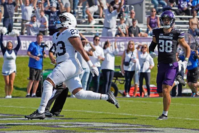 Penn State running back Trey Potts scores a touchdown against Northwestern in a Big Ten football game at Ryan Field.