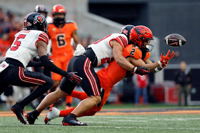 Sep 29, 2023; Corvallis, Oregon, USA; Oregon State Beavers wide receiver Anthony Gould (2) reaches for a pass as Utah Utes safety Stone Vaki (28) defends during the first half at Reser Stadium. Mandatory Credit: Soobum Im-USA TODAY Sports