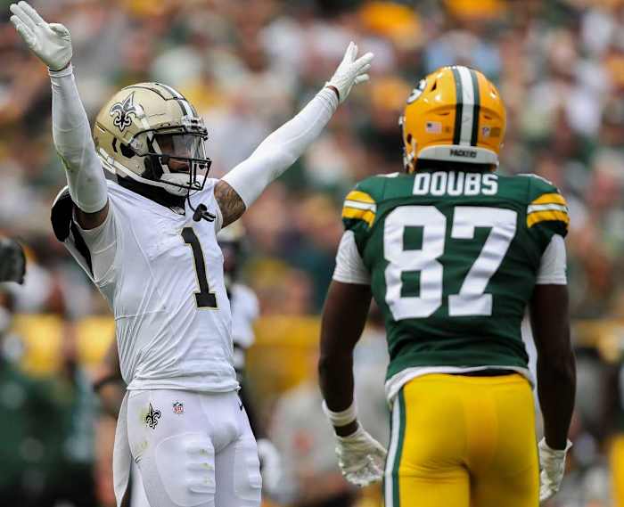 New Orleans Saints cornerback Alontae Taylor reacts after breaking up a pass