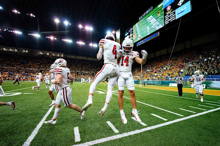 South Dakota WR Carter Bell (14) & Cole Rhoden (4) Celebrate Touchdown Against North Dakota State