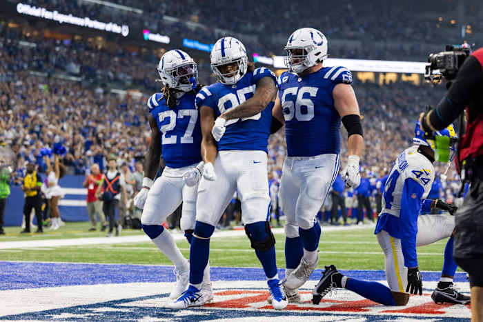 Oct 1, 2023; Indianapolis, Indiana, USA; Indianapolis Colts tight end Drew Ogletree (85) celebrates his touchdown with teammates in the second half against the Los Angeles Rams at Lucas Oil Stadium.