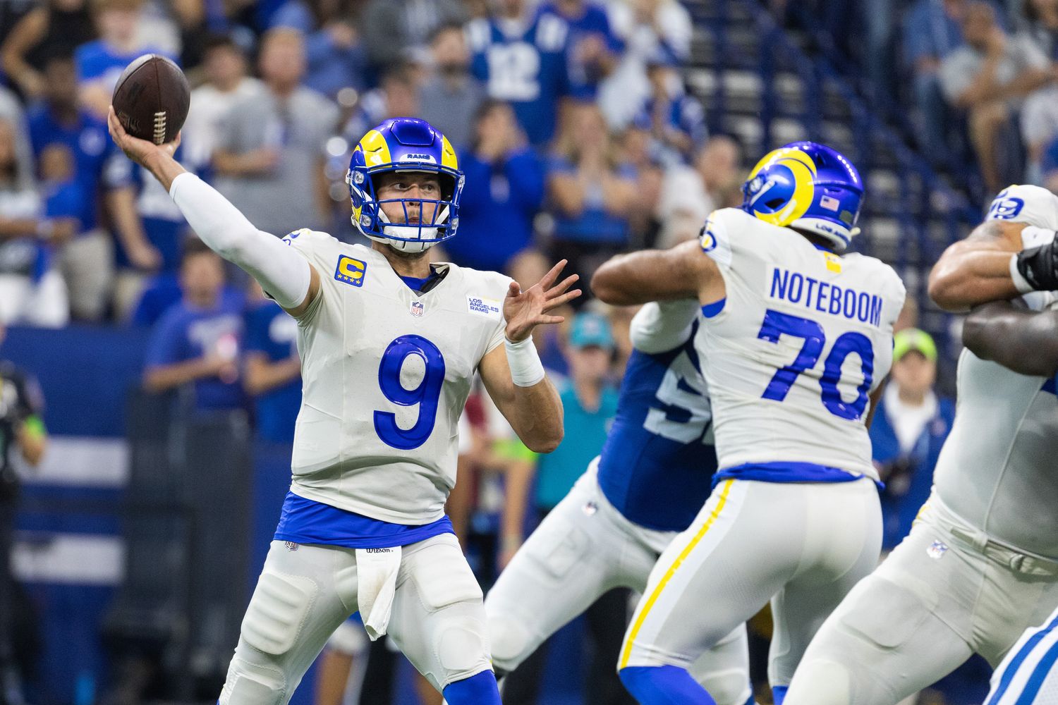 Los Angeles Rams quarterback Matthew Stafford (9) throws a pass against the Indianapolis Colts at Lucas Oil Stadium Sunday. The Rams won 29-23 in overtime.