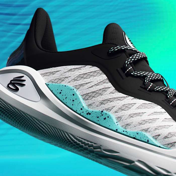 A detailed look at the white midsole of Stephen Curry's Under Armour basketball shoes.