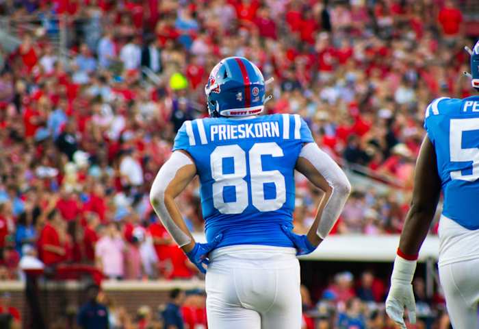 Ole Miss Rebels tight end Caden Prieskorn on the field versus the LSU Tigers in Week 5 (2023).