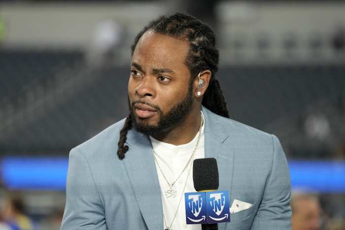 Aug 19, 2022; Inglewood, California, USA; Richard Sherman on the Amazon Prime Thursday Night Football set before the game between the Los Angeles Rams and the Houston Texans at SoFi Stadium. Mandatory Credit: Kirby Lee-USA TODAY Sports