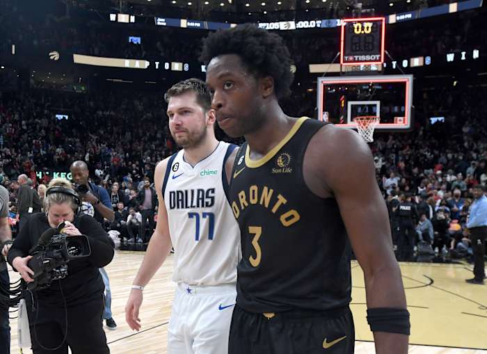 Luka Doncic and O.G. Anunoby meet at center court after a Dallas Mavericks’ game against the Toronto Raptors.