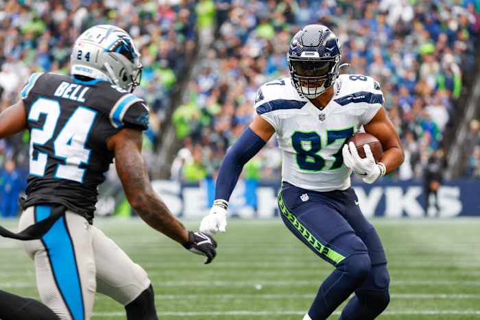 Sep 24, 2023; Seattle, Washington, USA; Seattle Seahawks tight end Noah Fant (87) runs for yards after the catch against the Carolina Panthers during the third quarter at Lumen Field. Mandatory Credit: Joe Nicholson-USA TODAY Sports