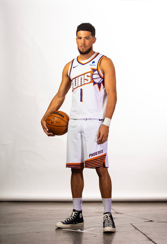Phoenix Suns guard Devin Booker poses for a portrait during media day.