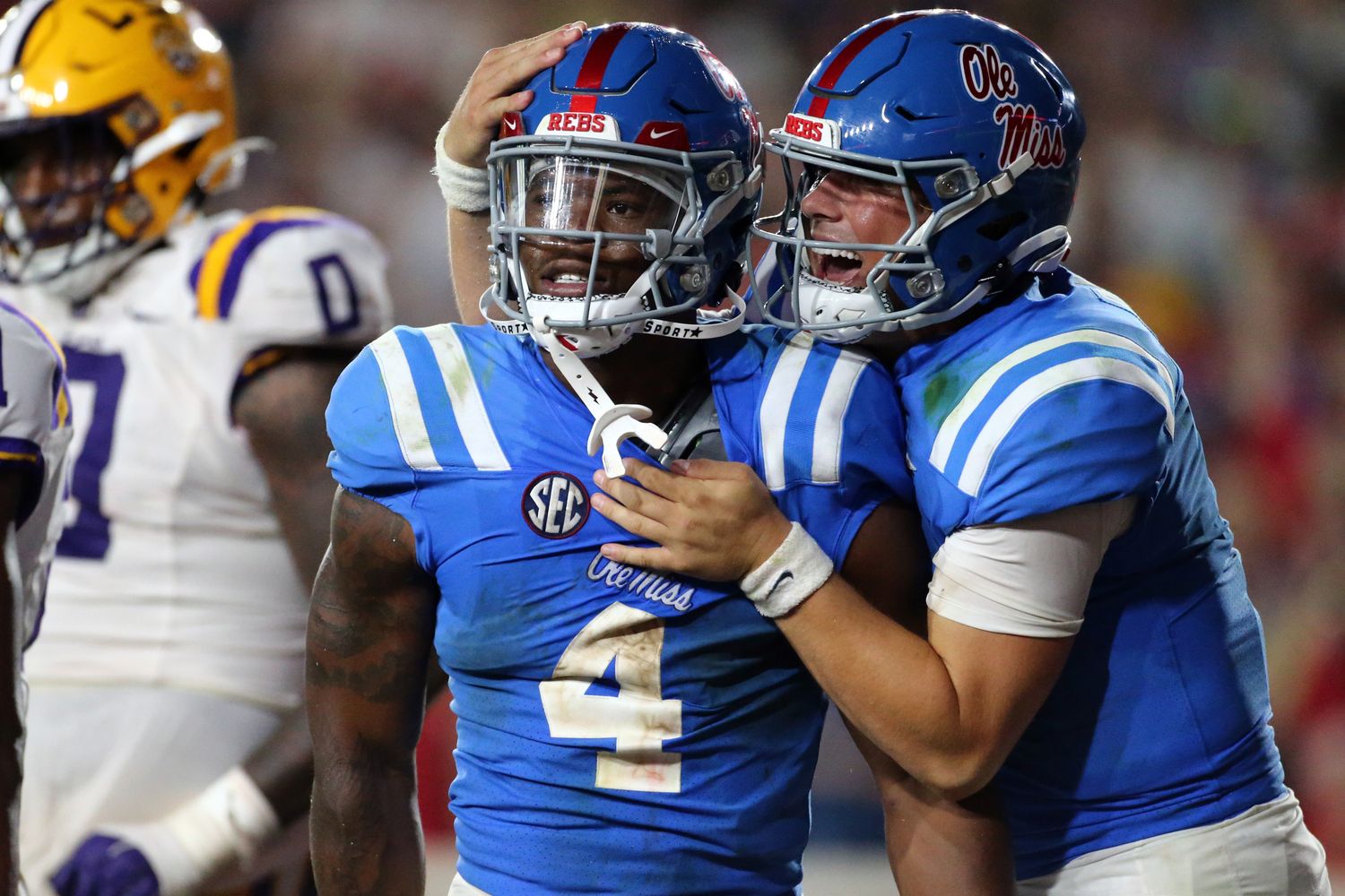Sep 30, 2023; Oxford, Mississippi, USA; Mississippi Rebels quarterback Jaxson Dart (2) celebrates with running back Quinshon Judkins (4) after a touchdown during the second half against the LSU Tigers at Vaught-Hemingway Stadium. Mandatory Credit: Petre Thomas-USA TODAY Sports