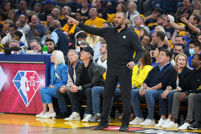 Boston Celtics head coach Ime Udoka (front) gestures from the bench. Kyle Terada-USA TODAY Sports