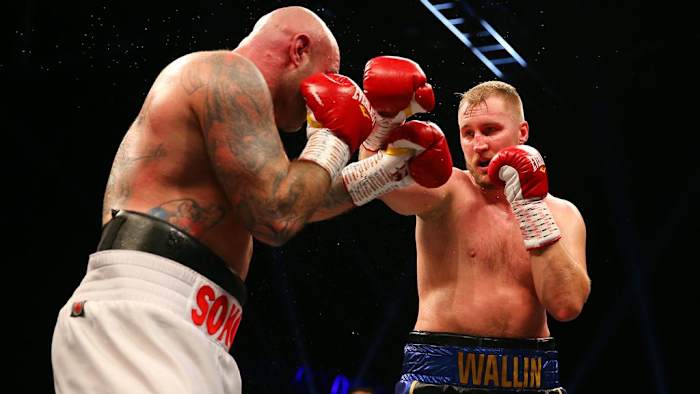Otto Wallin punches Kamil Sokolowski during the Heavyweight fight between the two in 2022 in Cardiff, Wales. Otto Wallin secured a twelve round split decision win over Murat Gassiev in the heavyweight championship. HUW FAIRCLOUGH/GETTY IMAGES.
