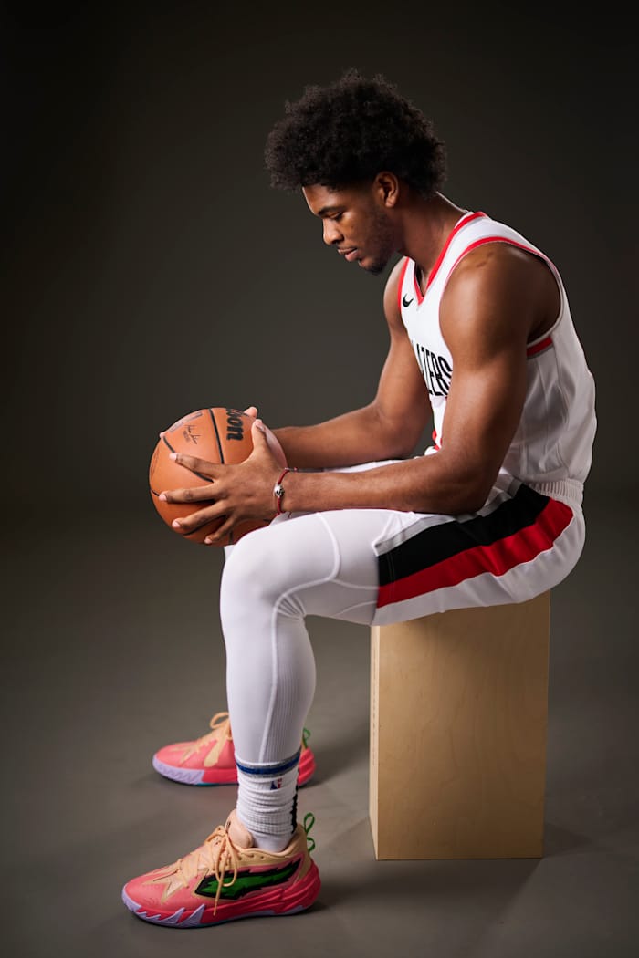 Portland Trail Blazers guard Scoot Henderson poses for a picture on Media Day.