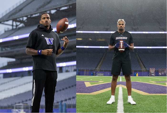 Washington Huskies football players Michael Penix Jr. and Rome Adunze pose for an adidas photo shoot.