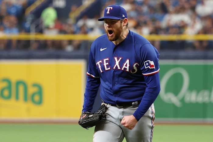 Former Texas Rangers starting pitcher Jordan Montgomery reacts after striking out Tampa Bay Rays pinch hitter Junior Caminero to end the seventh inning during Game 1 of the Wild Card series at Tropicana Field. Montgomery held the Rays scoreless over seven innings in the Rangers 4-0 win.