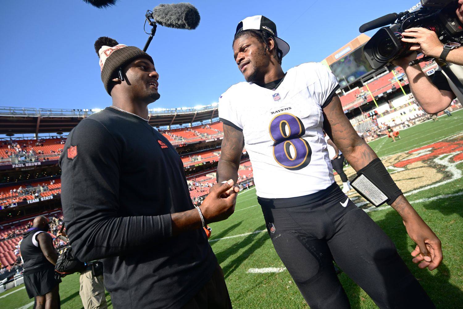 Oct 1, 2023; Cleveland, Ohio, USA; Cleveland Browns quarterback Deshaun Watson (4) and Baltimore Ravens quarterback Lamar Jackson (8) talk after the game at Cleveland Browns Stadium. Mandatory Credit: Ken Blaze-USA TODAY Sports