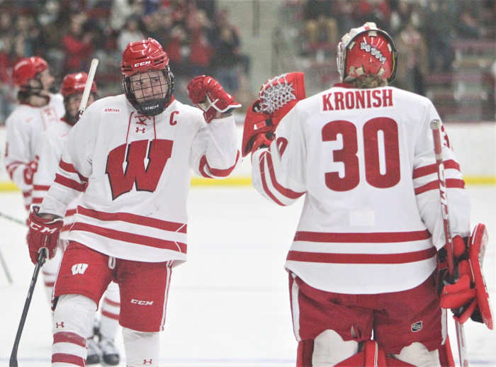 Wisconsin's Britta Curl (left) and Cami Kronish celebrate Curl's goal during the second period of the Badgers' 2-1 victory over Minnesota State on Saturday Jan. 21, 2023 at LaBahn Arena in Madison, Wis. Uwice Minnesota Mankato 6 Jan 21 2023