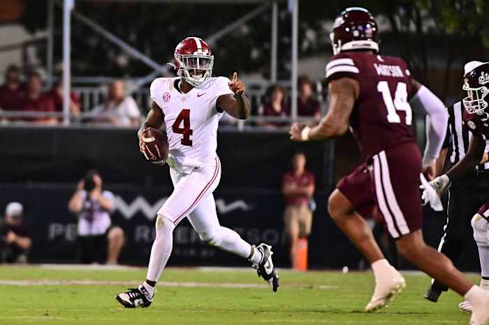 Alabama Crimson Tide QB Jalen Milroe during a win over Mississippi State. (Photo by Matt Bush of USA Today Sports)