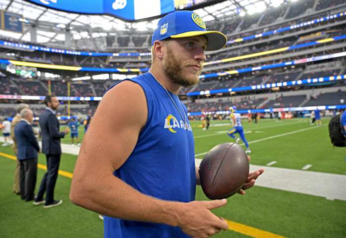 Sep 17, 2023; Inglewood, California, USA; Los Angeles Rams wide receiver Cooper Kupp (10) walks on the field prior to the game against the San Francisco 49ers at SoFi Stadium.