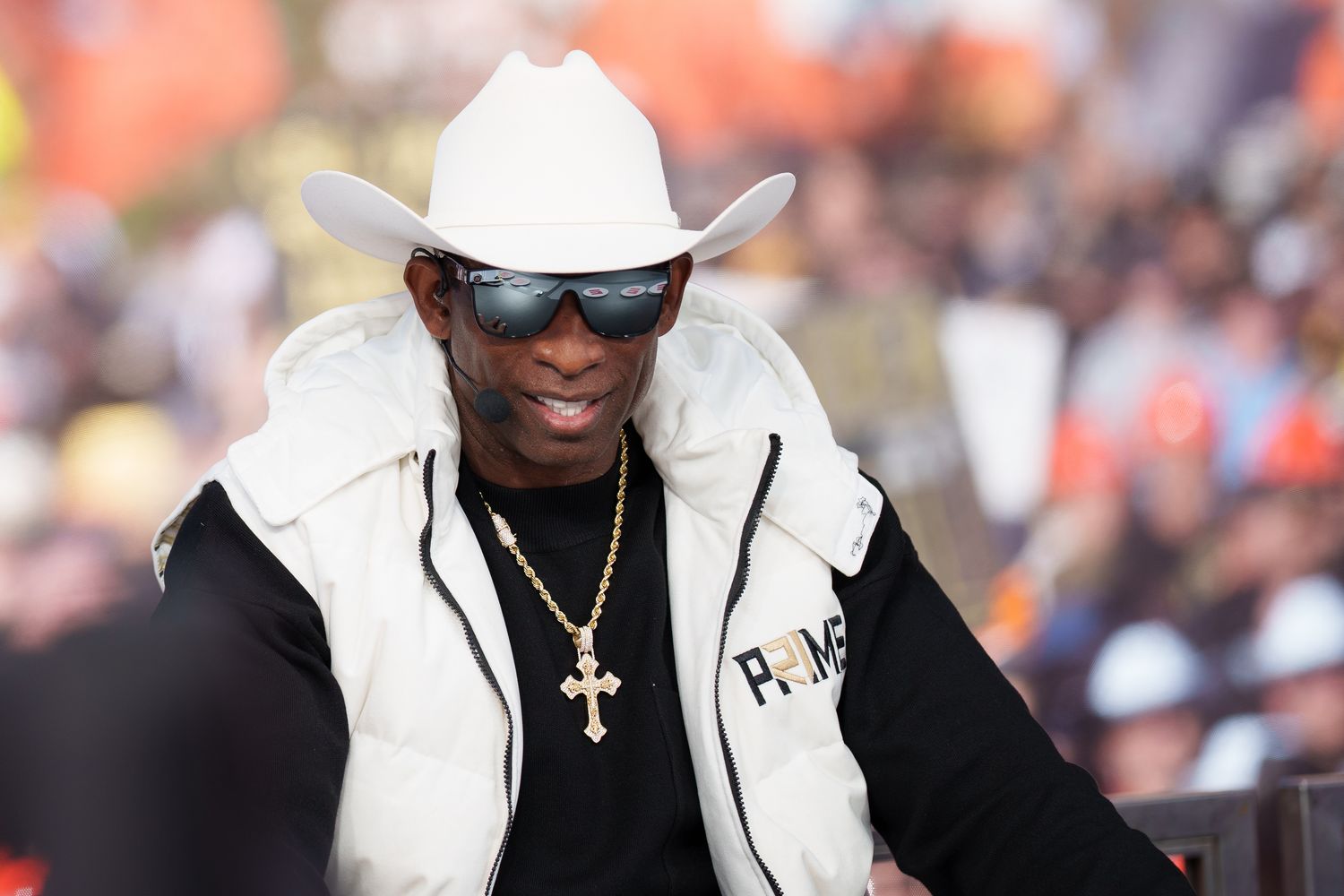 Colorado Buffaloes head coach Deion Sanders on the set of ESPN College GameDay prior to the game between the Colorado Buffaloes and the Colorado State Rams at Folsom Field