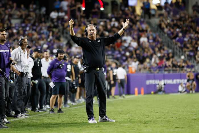 Sep 30, 2023; Fort Worth, Texas, USA; TCU Horned Frogs head coach Sonny Dykes reacts to a call in the third quarter against the West Virginia Mountaineers at Amon G. Carter Stadium.