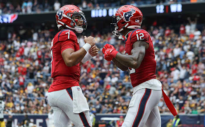 Oct 1, 2023; Houston, Texas, USA; Houston Texans quarterback C.J. Stroud (7) celebrates with wide receiver Nico Collins (12) after a touchdown during the game against the Pittsburgh Steelers at NRG Stadium.