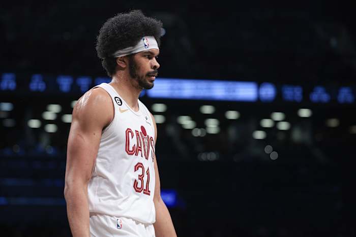 Mar 21, 2023; Brooklyn, New York, USA; Cleveland Cavaliers center Jarrett Allen (31) looks on during the first half against the Brooklyn Nets at Barclays Center. Mandatory Credit: Vincent Carchietta-USA TODAY Sports