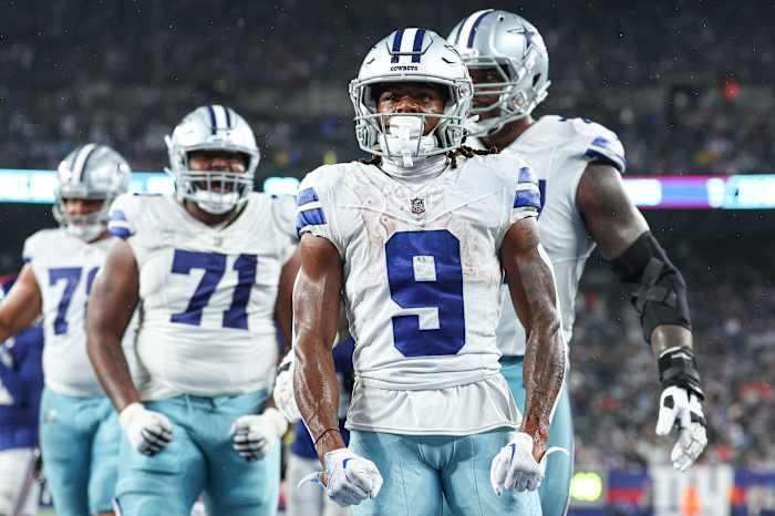 Dallas Cowboys wide receiver KaVontae Turpin (9) celebrates his rushing touchdown with teammates during the second half against the Dallas Cowboys at MetLife Stadium.