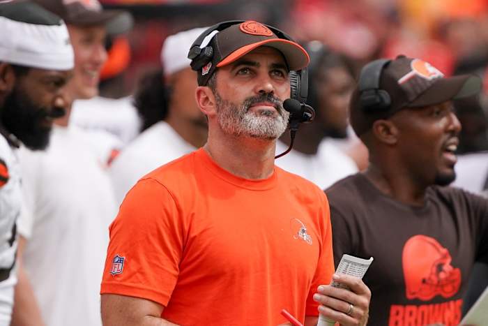 Aug 26, 2023; Kansas City, Missouri, USA; Cleveland Browns head coach Kevin Stefanski looks on during the second half against the Kansas City Chiefs at GEHA Field at Arrowhead Stadium. Mandatory Credit: Denny Medley-USA TODAY Sports