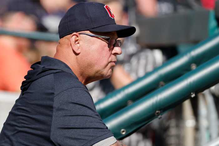 Oct 1, 2023; Detroit, Michigan, USA; Cleveland Guardians manager Terry Francona (77) in the dugout before the game against the Detroit Tigers at Comerica Park.
