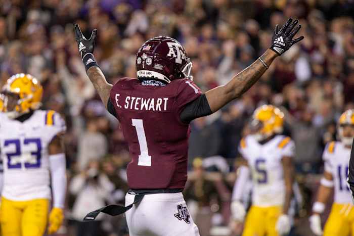 Texas A&M WR Evan Stewart playing against LSU. (Photo by Jerome Miron of USA Today Sports)