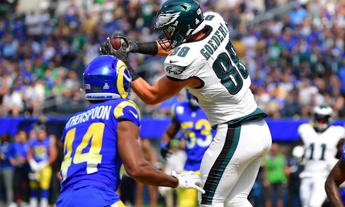 Philadelphia Eagles tight end Dallas Goedert caught eight passes for 117 yards and a touchdown in a 23-14 win over the Los Angeles Rams.