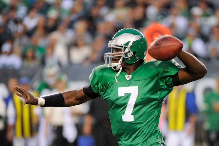 Michael Vick models the Kelly Green throwback uniforms that the Philadelphia Eagles wore in Week 1 of the 2010 NFL season.