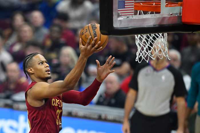 Feb 8, 2023; Cleveland, Ohio, USA; Cleveland Cavaliers forward Isaac Okoro (35) drives to the basket in the first quarter against the Detroit Pistons at Rocket Mortgage FieldHouse. Mandatory Credit: David Richard-USA TODAY Sports