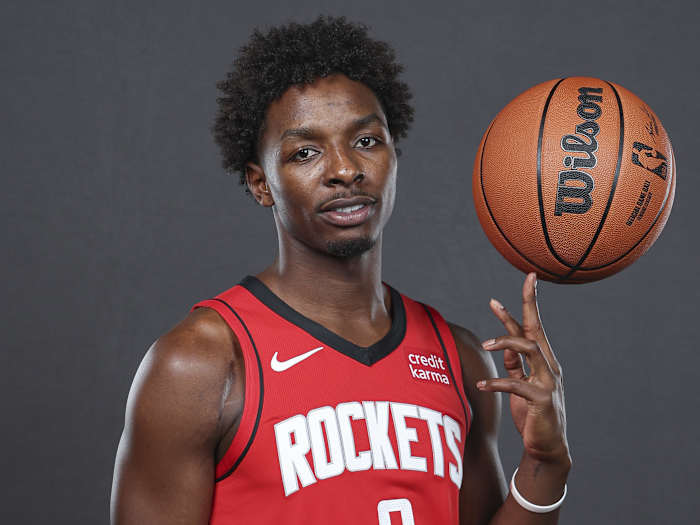 Rockets forward Jae'Sean Tate (8) poses for a picture at Rockets media day at Toyota Center.