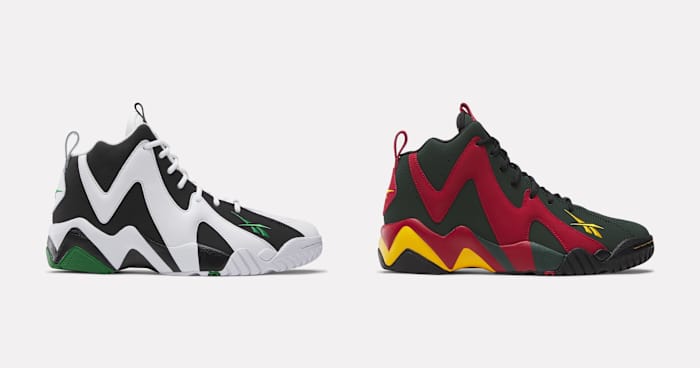 Side view of Shawn Kemp's white and black Reebok sneakers.