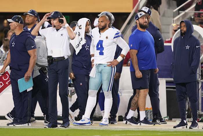 Oct 8, 2023; Santa Clara, California, USA; Dallas Cowboys quarterback Dak Prescott (4) stands on the sideline during the fourth quarter against the San Francisco 49ers at Levi's Stadium.