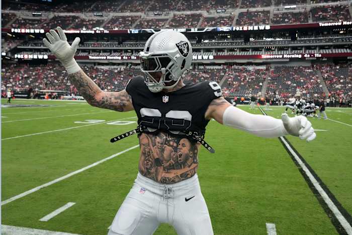 Aug 13, 2023; Paradise, Nevada, USA; Las Vegas Raiders defensive end Maxx Crosby (98) gestures during the game against the San Francisco 49ers at Allegiant Stadium.