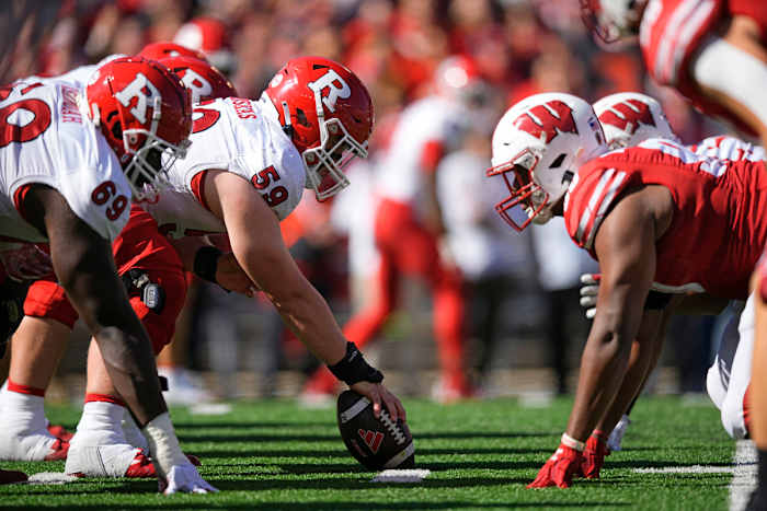Oct 7, 2023; Madison, Wisconsin, USA; The Rutgers Scarlet Knights line up for a play during the game against the Wisconsin Badgers at Camp Randall Stadium. Mandatory Credit: Jeff Hanisch-USA TODAY Sports