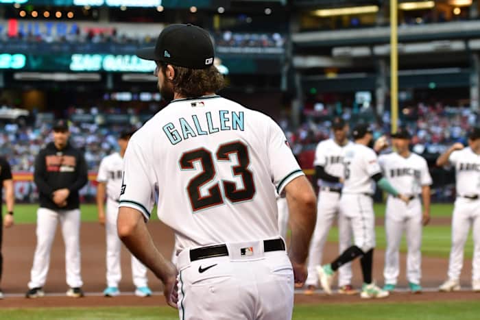 Zac Gallen jobs out to first base line during NLDS Intros at Chase Field, October 11, 2023
