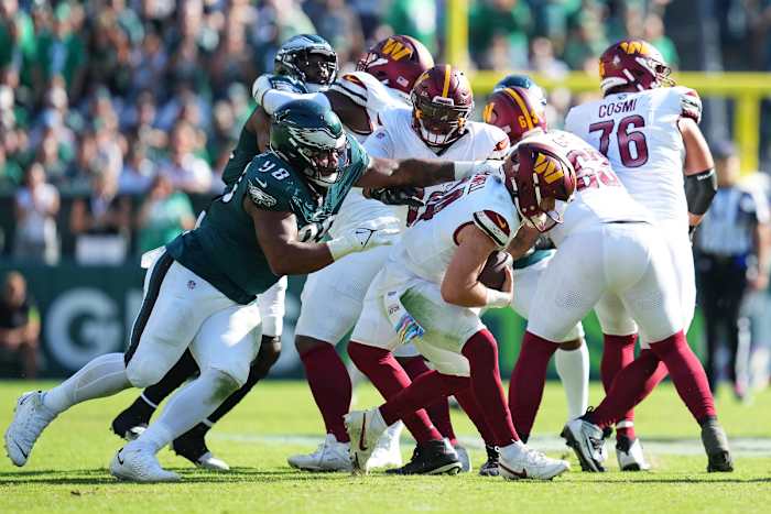 Philadelphia Eagles rookie defensive tackle Jalen Carter is the third-highest graded defensive player in the NFL according to PFF.
