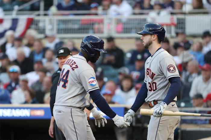 Oct 10, 2023; Minneapolis, Minnesota, USA; Houston Astros left fielder Yordan Alvarez (44) celebrates home-run with right fielder Kyle Tucker (30) in the ninth inning during game three of the ALDS for the 2023 MLB playoffs at Target Field. Mandatory Credit: Jesse Johnson-USA TODAY Sports