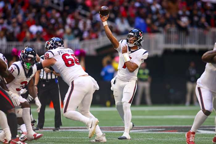 Texans quarterback C.J. Stroud throws a pass against the Atlanta Falcons in the second half at Mercedes-Benz Stadium