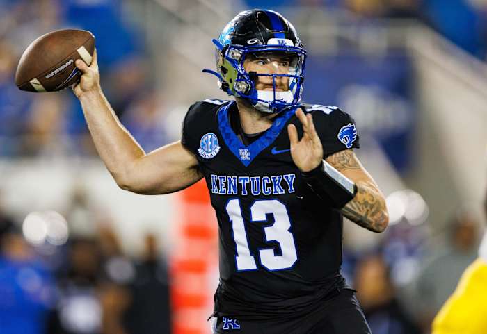 Oct 14, 2023; Lexington, Kentucky, USA; Kentucky Wildcats quarterback Devin Leary (13) throws a pass during the second quarter against the Missouri Tigers at Kroger Field. Mandatory Credit: Jordan Prather-USA TODAY Sports