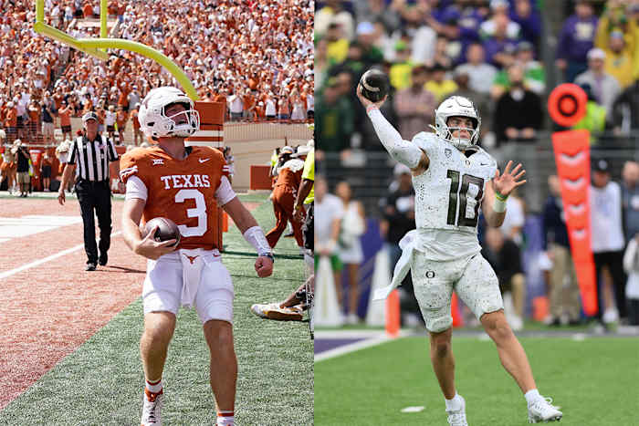 Texas Longhorns quarterback Quinn Ewers (left) and Oregon Ducks quarterback Bo Nix (right)