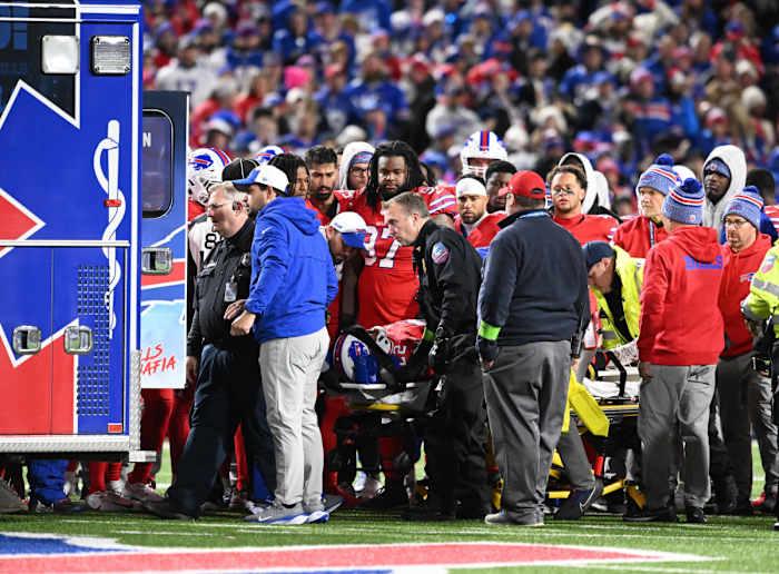 Buffalo Bills running back Damien Harris (22) is loaded into an ambulance after an injury in the second quarter against the New York Giants at Highmark Stadium.